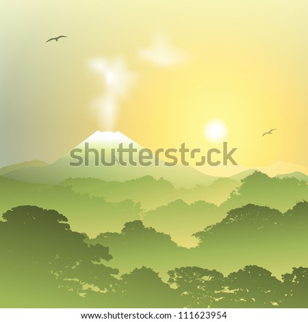 A Misty Forest Landscape with Volcano and Sunset, Sunrise