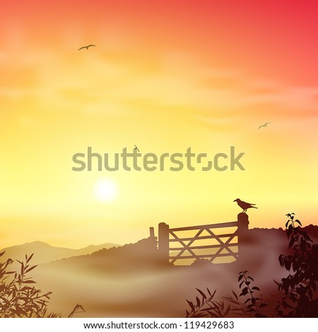 A Misty Landscape with Farm Gate and Sunrise, Sunset