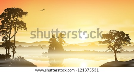 A Misty River Landscape with Sunrise, Sunset and Trees