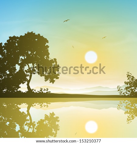 A Sunset, Sunrise Landscape with Trees and Reflection in Water