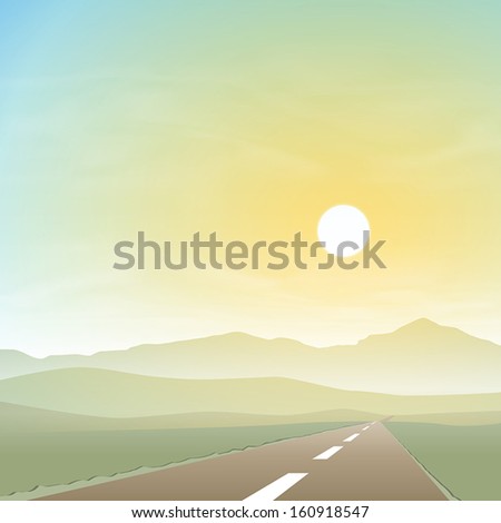 A Misty Landscape with Road, Highway and Sunset, Sunrise