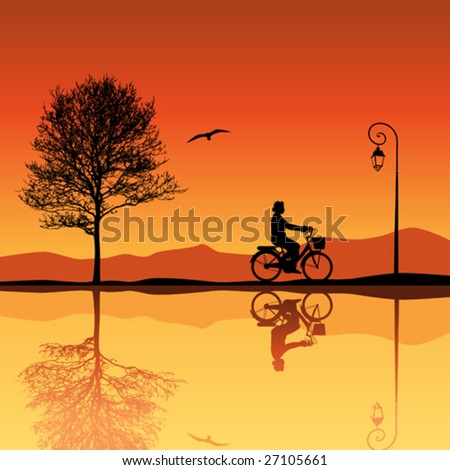 Landscape with Tree and Bicycle Silhouettes