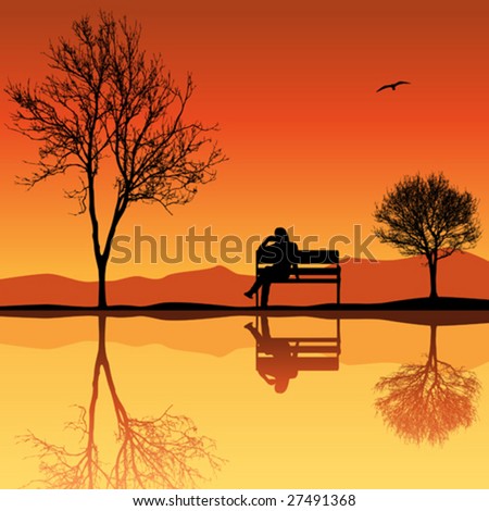 Landscape with Bench and Tree Silhouettes