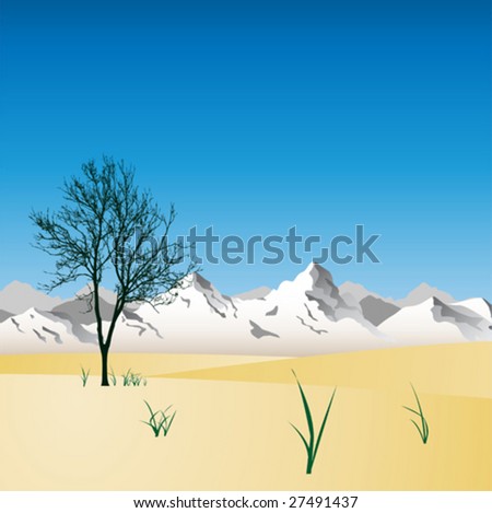 Desert Landscape with Mountains and Tree Silhouettes