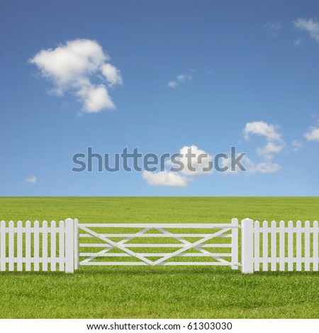 A White Gate and Fence with Grass Field