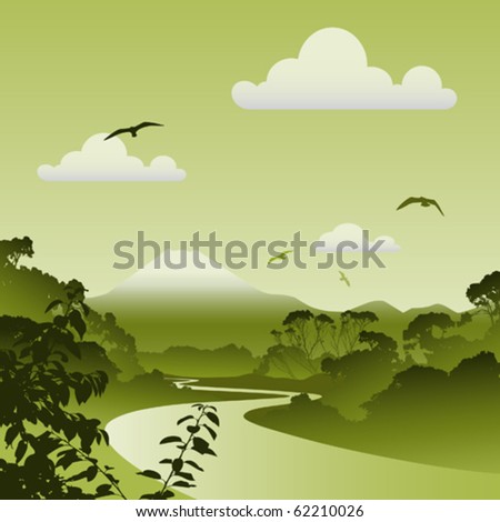 A Green Forest Landscape with River, Trees and Volcano