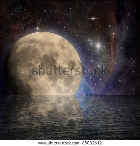 Large Moon with Reflection in Water and Stars in  Night Sky