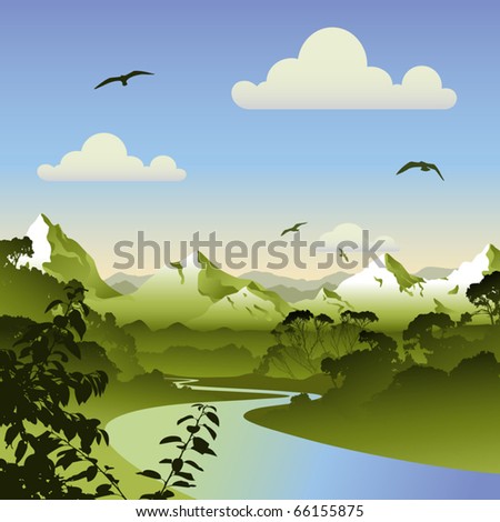 A Forest Landscape with River, Trees and Mountains