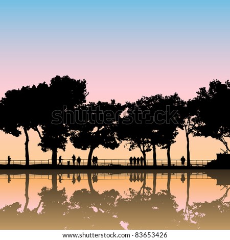 A Landscape with Tree Silhouettes and Reflection in Water