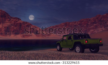SUV on foreground, desert lake, red rocks and full moon in the distance at night time. Realistic 3D illustration was done from my own 3D rendering file.