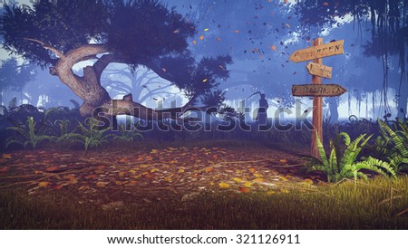 Night forest with old wooden signpost on foreground and with silhouette of a grim reaper in the distance. Realistic 3D illustration was done from my own 3D rendering file.