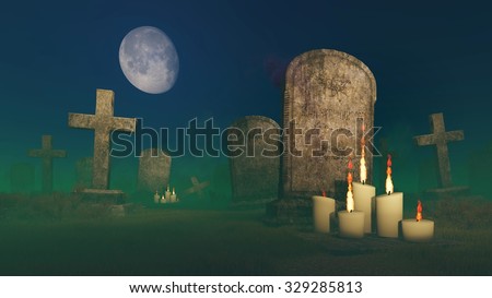 Lighted candles near the old gravestone at creepy cemetery under fantastic big moon. Realistic 3D illustration was done from my own 3D rendering file.