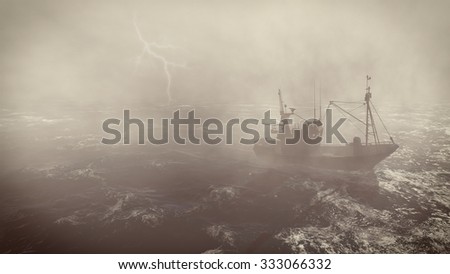 Heavy storm in the open sea with small fishing boat at foreground and with lightning flashes in the distance. 3D rendering file.
