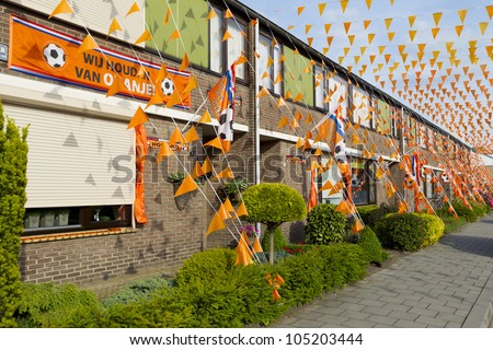 HELMOND, THE NETHERLANDS - JUNE 14: Soccer fans have put up street decorations for the European Soccer Championships 2012 in Helmond, The Netherlands on June 14, 2012.