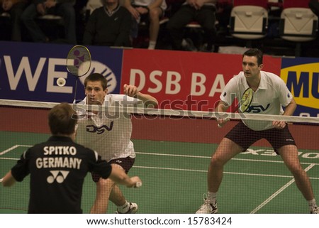 Top badminton player Jens Eriksen en Martin Lundgaard of Denmark at the European Team Badminton Championships, 2008, Almere