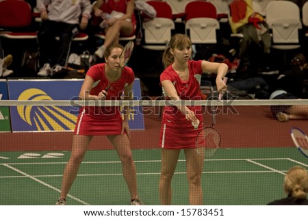 Top badminton players Nina Vislova and Valeria Sorokina of Russia at the European Team Badminton Championships, 2008, Almere