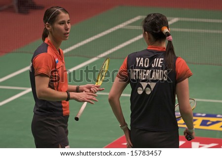 Top badminton players Judith Meulendijks and Yao Jie of the Netherlands at the European Team Badminton Championships, 2008, Almere