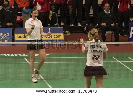 Top badminton players Kamilla Rytter Juhl and Maria Roepke of Denmark at the European Team Badminton Championships, 2008, Almere