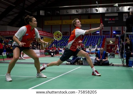 AMSTERDAM - FEBRUARY 18: Ruud Bosch and Lotte Jonathans (pictured) beat the Swiss in the preliminary rounds of the European Team Championships badminton in Amsterdam, The Netherlands on February 18, 2011.