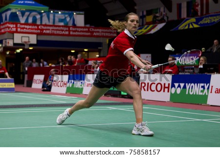 AMSTERDAM - FEBRUARY 19: Tine Baun (pictured) beats Sarah Walker in the semi-finals of the European Team Championships badminton in Amsterdam, The Netherlands on February 19, 2011.