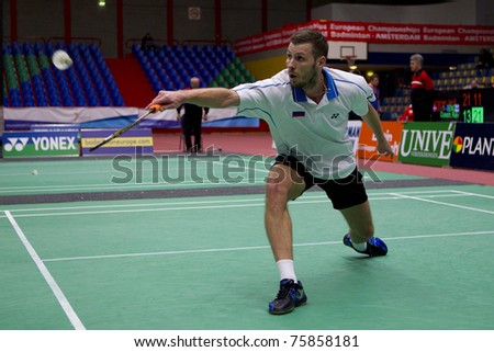 AMSTERDAM - FEBRUARY 19: Marc Zwiebler beats Stanislav Pukhov (pictured) in the semi-finals of the European Team Championships badminton in Amsterdam, The Netherlands on February 19, 2011.