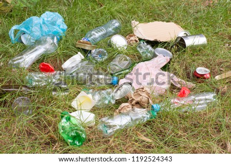 Rubbish such as plastic and glass bottles, tins, cans and pieces of paper on grass