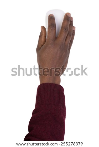 Man\'s hand holding a computer mouse, isolated on white