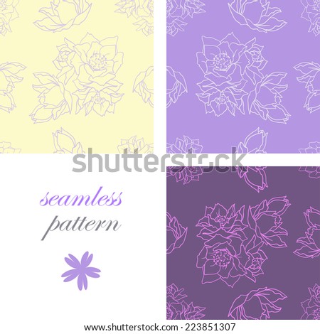 Set of seamless purple patterns with a  hand-drawn cartoon flowers for summer and spring design
