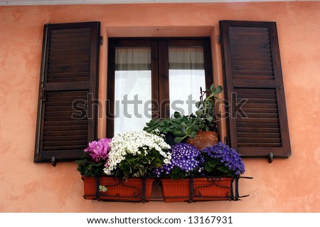 Old European window with shutters and flower box