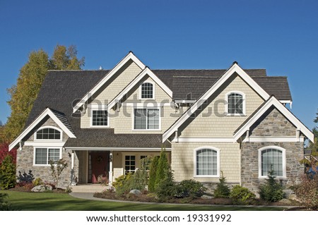 beautiful house with blue sky and lush landscape stock photo 19331992