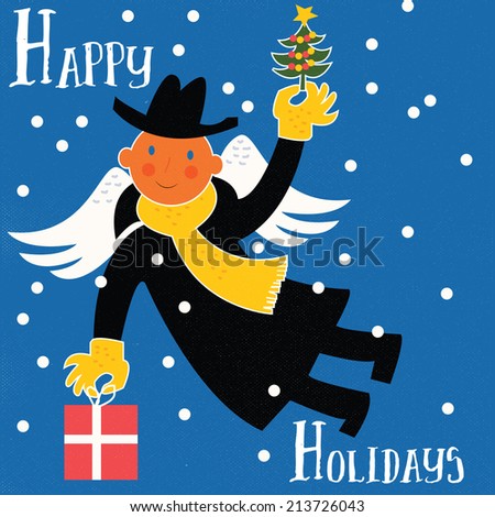 Retro Happy Holidays Christmas Greeting Flying Angel Man with Present and Christmas Tree