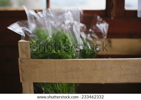 a pack of green basil at the indoor market