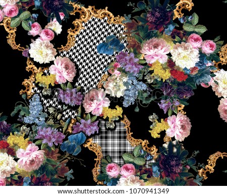 gold baroque,black and white plaid pattern with flowers design