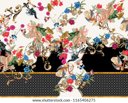 Baroque pattern with flowers and birds