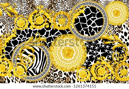 Gold baroque, gold flowers, gold ornaments, giraffe pattern with leopard pattern