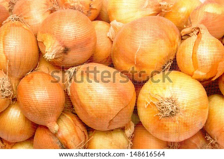 Yellow onions crop. Stack of onion.