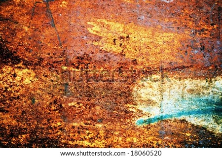 Plate of metal rusty on all background, with old layers of a paint