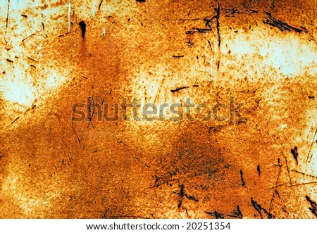 Plate of metal rusty on all background, with old layers of an orange paint