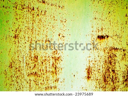 Plate of metal rusty on all background, with old layers of a green paint