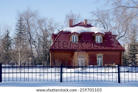 red brick house, winter landscape