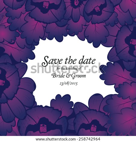 Wedding invitation card with purple flowers Vector illustration