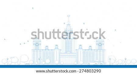 Outline MGU. Moscow State University, Moscow, Russia. illustration with cars
