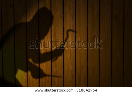 Shadow or silhouette of thief on fence at night.