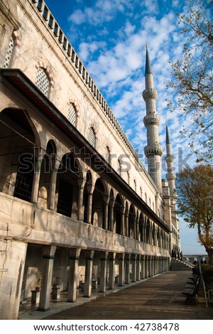 Minaret and wall of Blue Mosque in Istanbul, Turkey