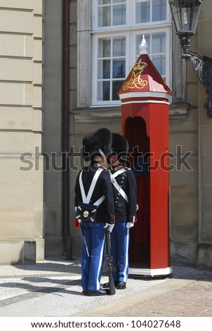 COPENHAGEN, DENMARK - JUNE 22: Royal Guards during the ceremony of changing the guards at Amalienborg Castle on June 22, 2011 in Copenhagen, Denmark