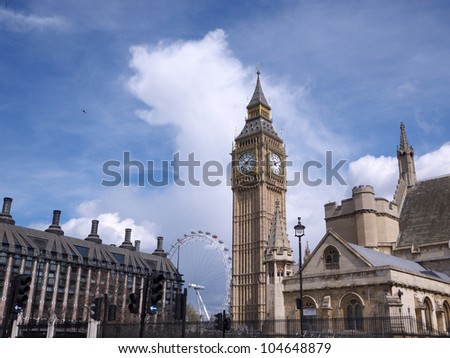 The Big Ben clock tower is part of the structure of the Houses of Parliament in London. The London Eye is Europe\'s tallest ferris wheel.