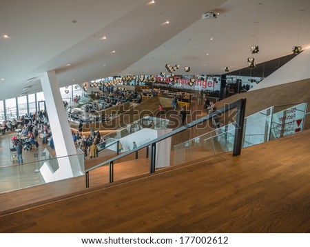AMSTERDAM, NETHERLANDS - 27 FEB. 2013: Inside Eye Film Institute in Amsterdam, a modern building designed by architects Roman Delugan and Elke Delugan-Meissl and opened in 2012