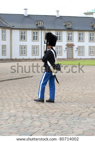 Guard in front of royal palace Fredensborg Denmark. The guards of the Danish royal family are also called Kongelige Livgarde