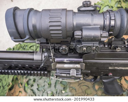 ALMERE, NETHERLANDS - 12 APRIL 2014: Machine gun as used by the Dutch military on display during the first National Security Day held in the city of Almere