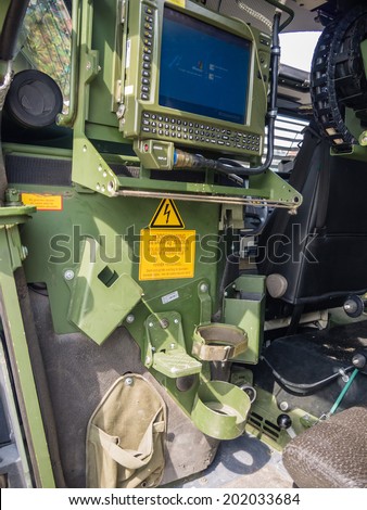 ALMERE, NETHERLANDS - 12 APRIL 2014: Computer inside a Dutch military vehicle on display during the first National Security Day held in the city of Almere